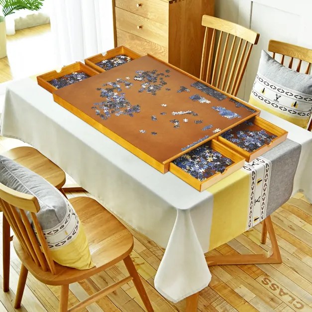 Mesa de puzzle em madeira 1000-1500 peças com superfície lisa e 4 gavetas 80 x 65 x 7 cm
