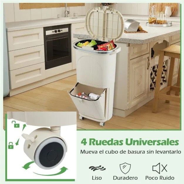Caixote do lixo de 38 L com duas camadas, 2 caixotes removíveis, pedal e rodas para sala, cozinha e casa de banho, Bege