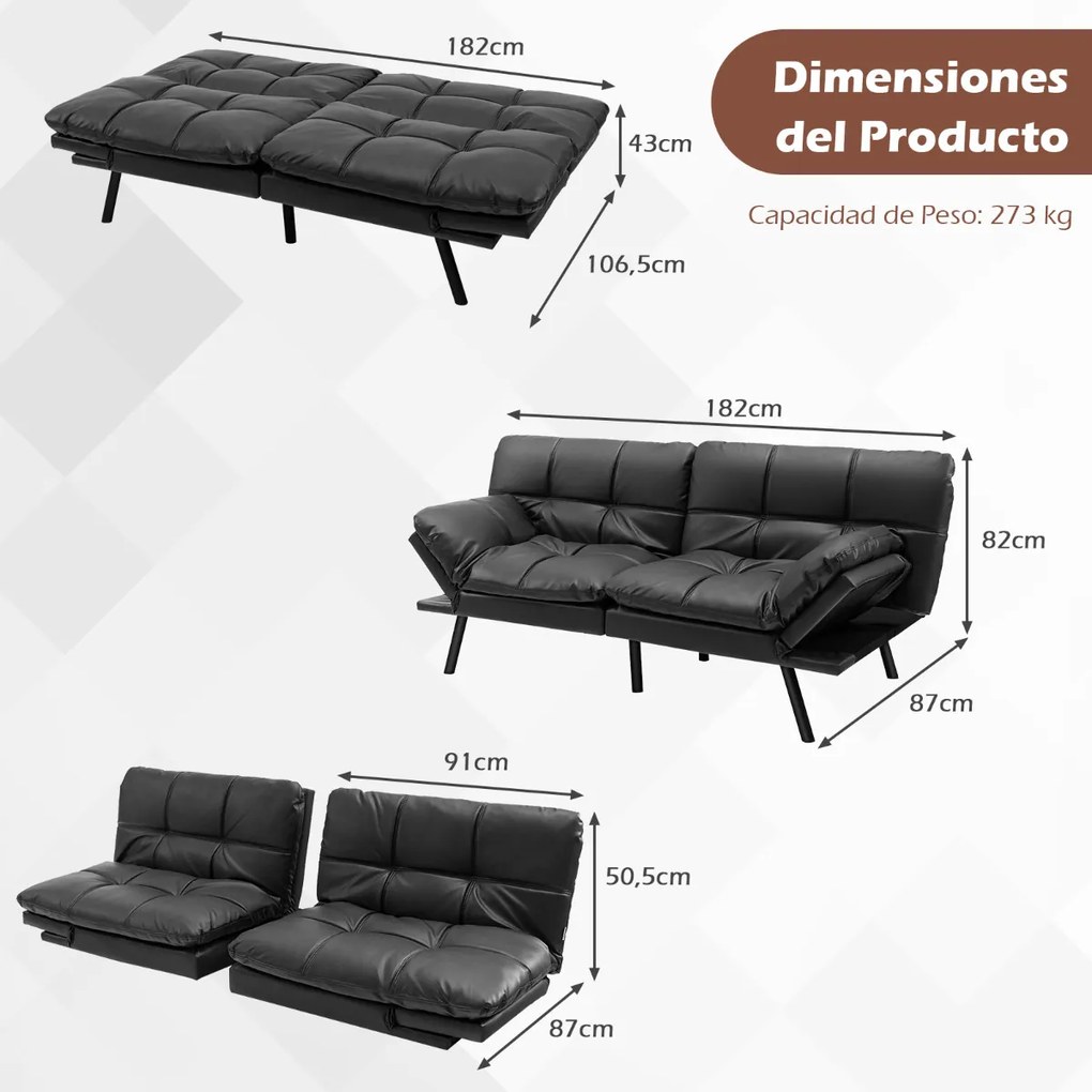 Sofá-cama dobrável de 3 lugares 182 x 87 x 82 cm PU Futon conversível de espuma viscoelástica com encosto e apoios de braços ajustáveis Preto