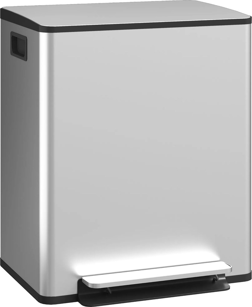 HOMCOM Lixeira de cozinha 2 compartimentos de 2 x 25 L, aço inoxidável, tampa com fecho suave, 47,7x37,5x56cm, prateado | Aosom Portugal