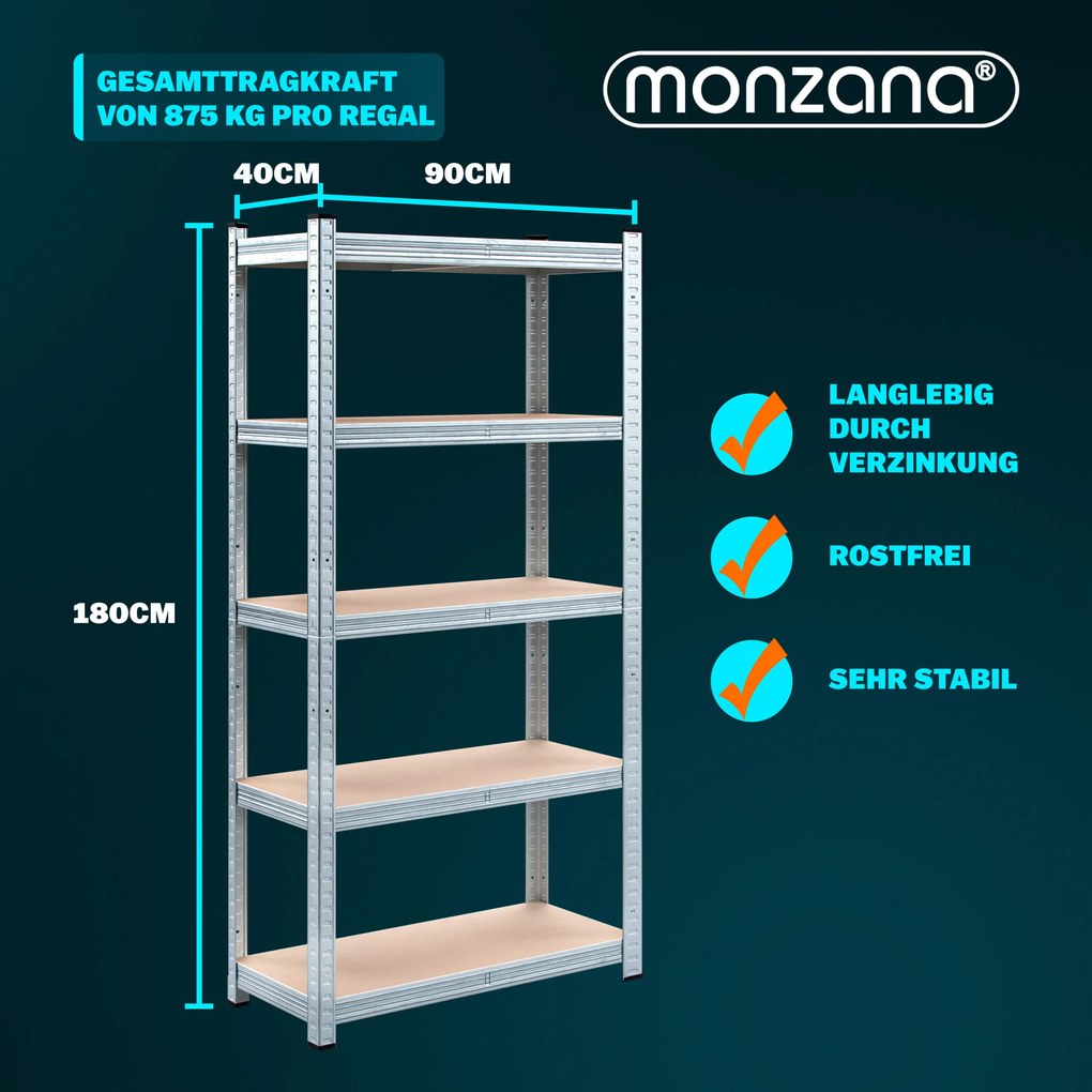 Conjunto de 2 estantes para cargas pesadas galvanizadas com capacidade de carga 875 kg, 180 x 90 x 40 cm Prateado