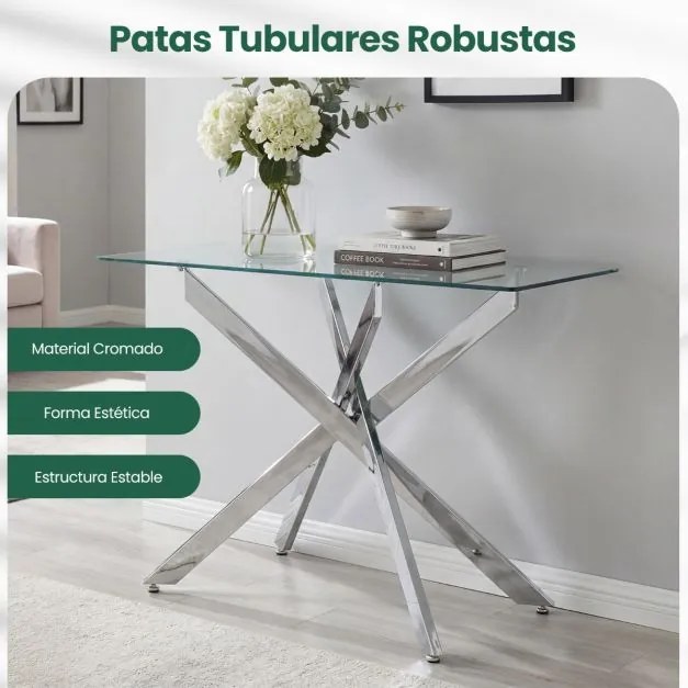 Mesa Consolal 115 x 45 x 78 cm com Tampo Temperado e Pernas de Metal para Sala ou Hall Entrada Prateada