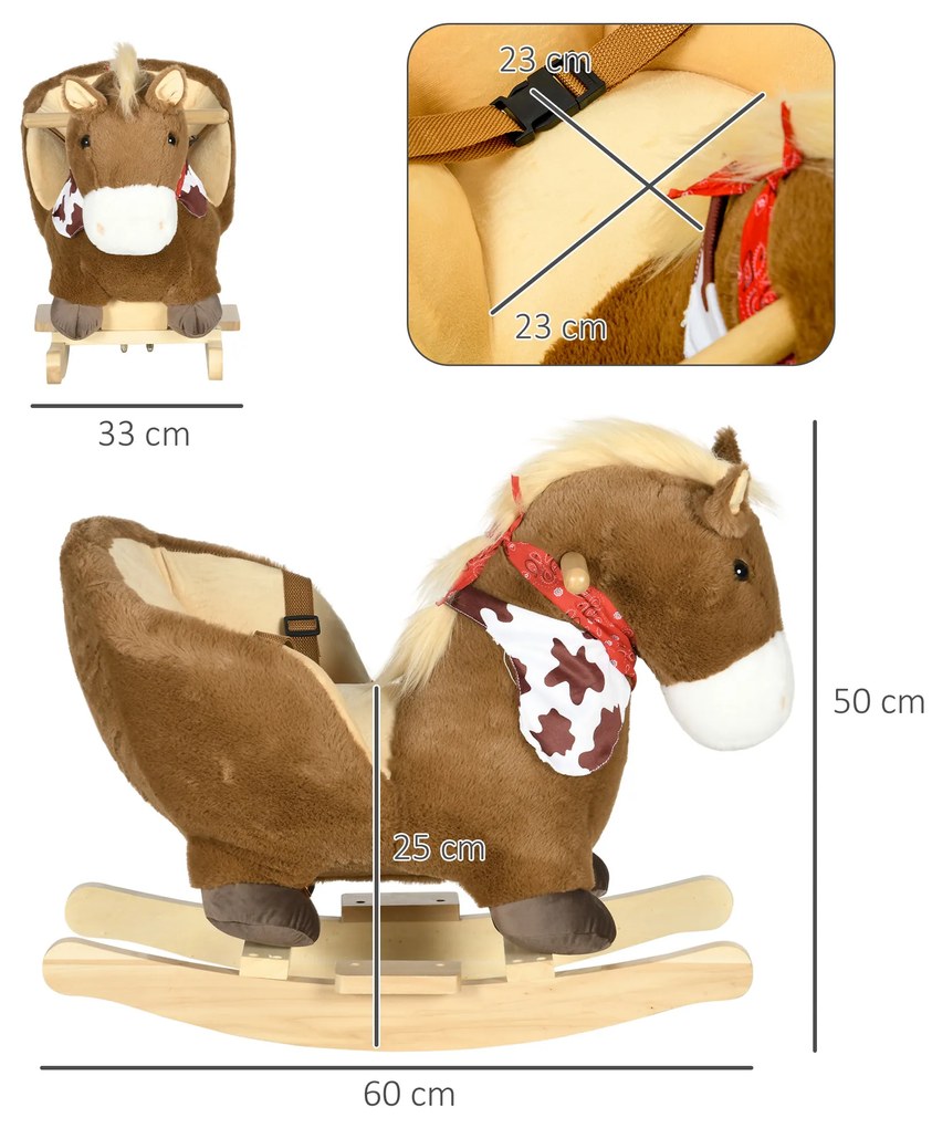 Cavalo Baloiço para Bebés com Sons Cinto de Segurança 60x33x50 cm Castanho