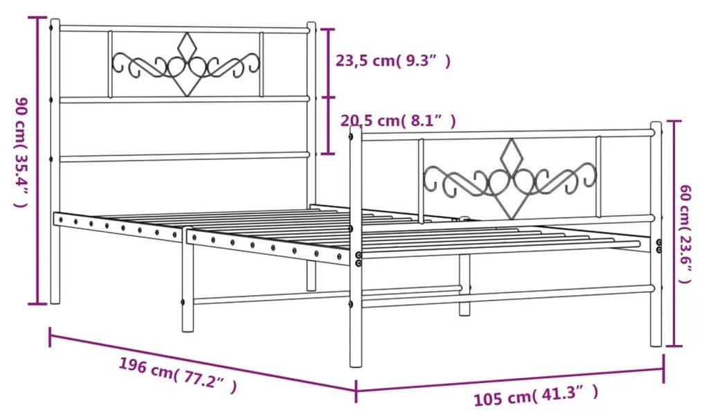 Estrutura de cama com cabeceira e pés 100x190 cm metal preto