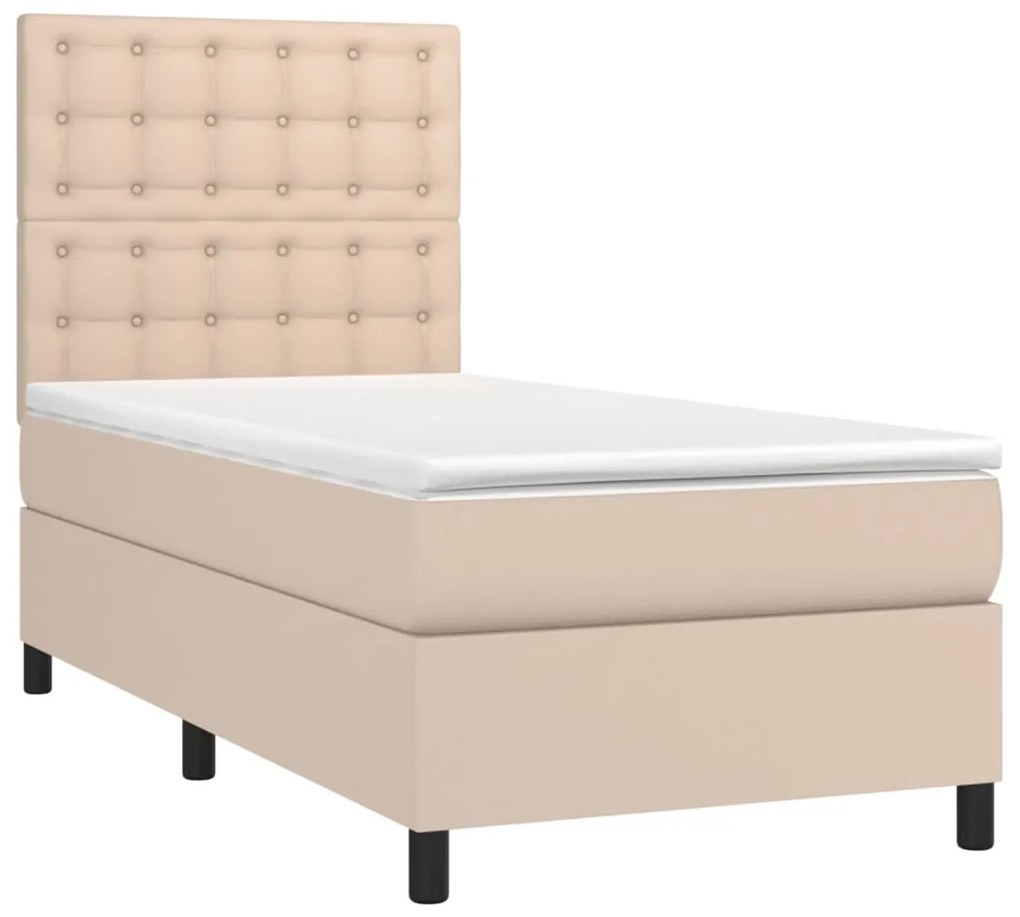 Cama box spring c/ colchão/LED 90x190cm couro artif. cappuccino