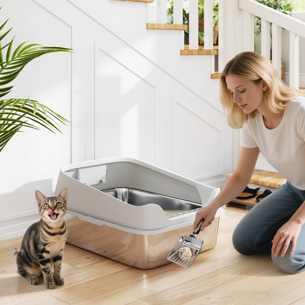 Caixa de Areia para Gatos em Aço Inoxidável XXL com Borda Alta Pá Fácil de Limpar À Prova de Fugas 70x50x30 cm Cinzento