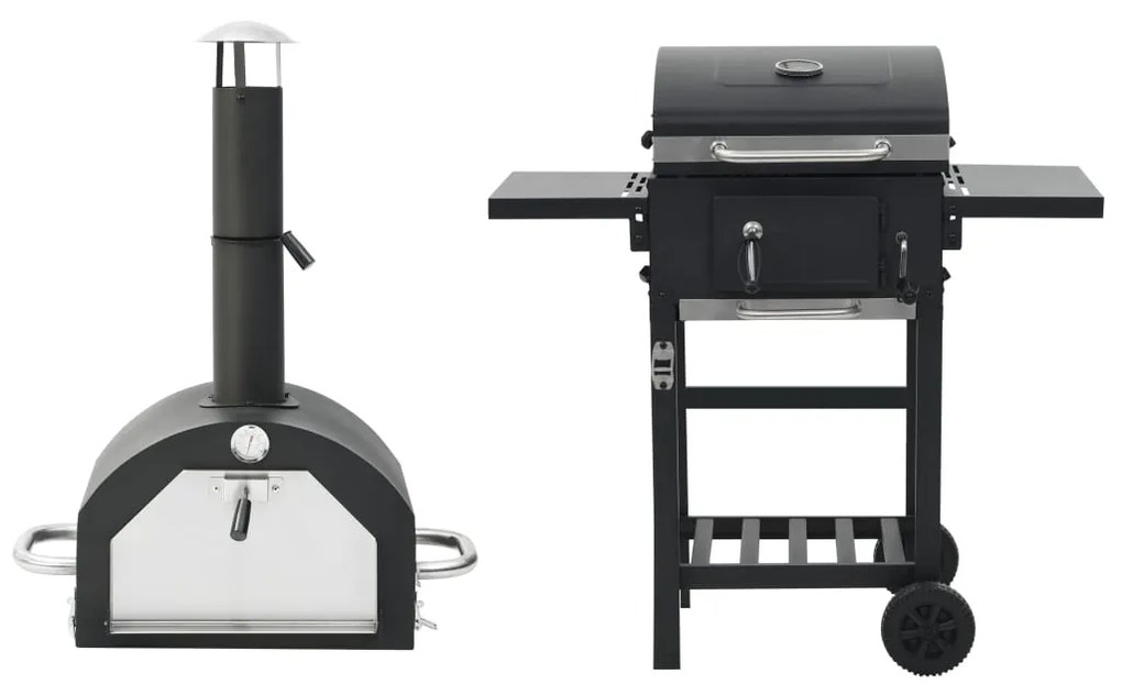 vidaXL Forno para pizza e churrasqueira de exterior 3-em-1 preto