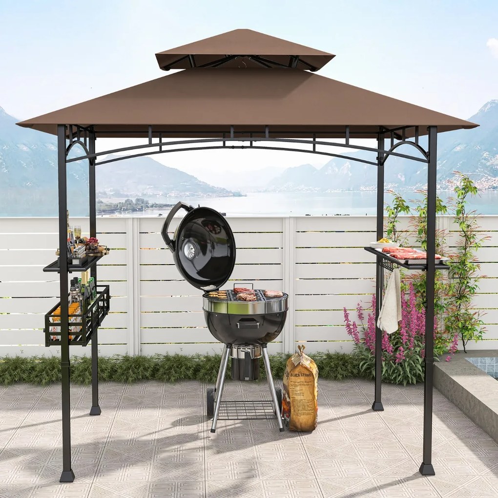 Pergula tenda para churrascos 242 x 153 cm com 2 prateleiras laterais, cesto, ganchos, abridor de garrafas, estrutura de metal para jardim ou pátio Ca