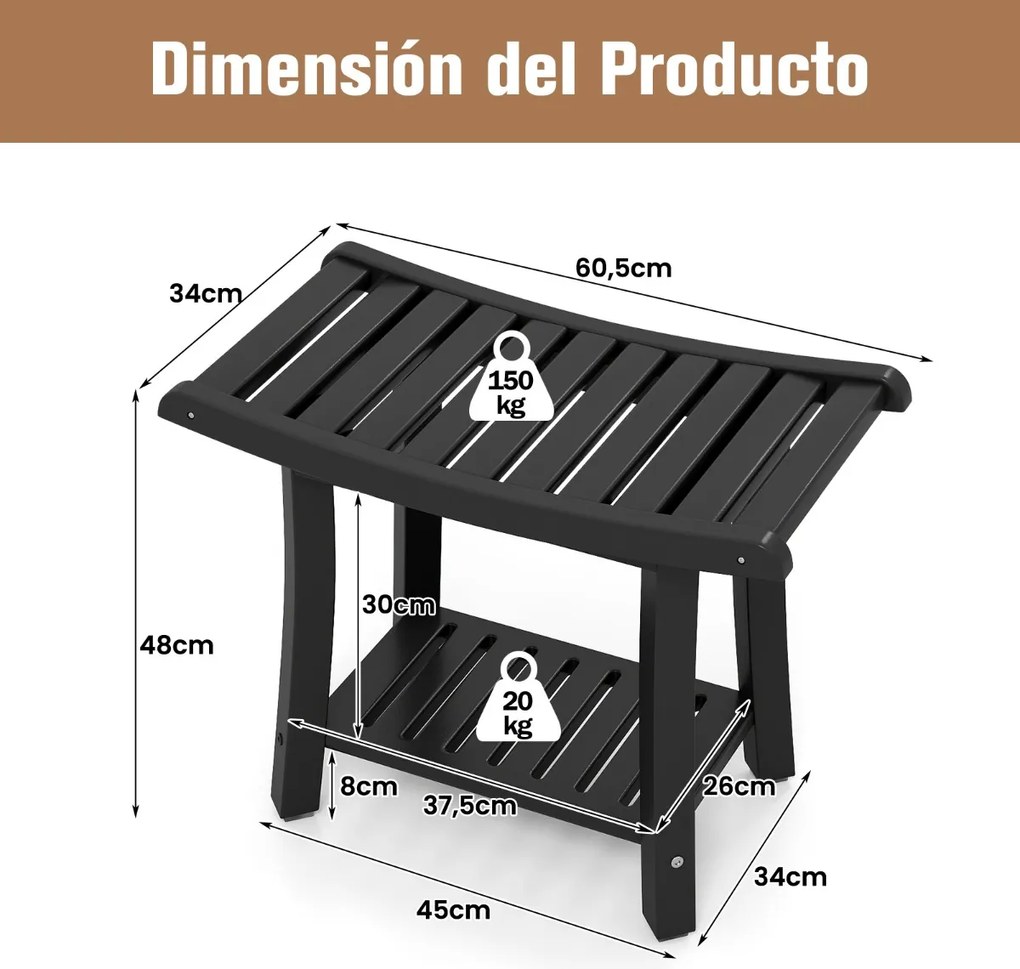 Banco de banho curvo para idosos HDPE impermeável 60,5 cm x 34 cm x 48 cm Preto