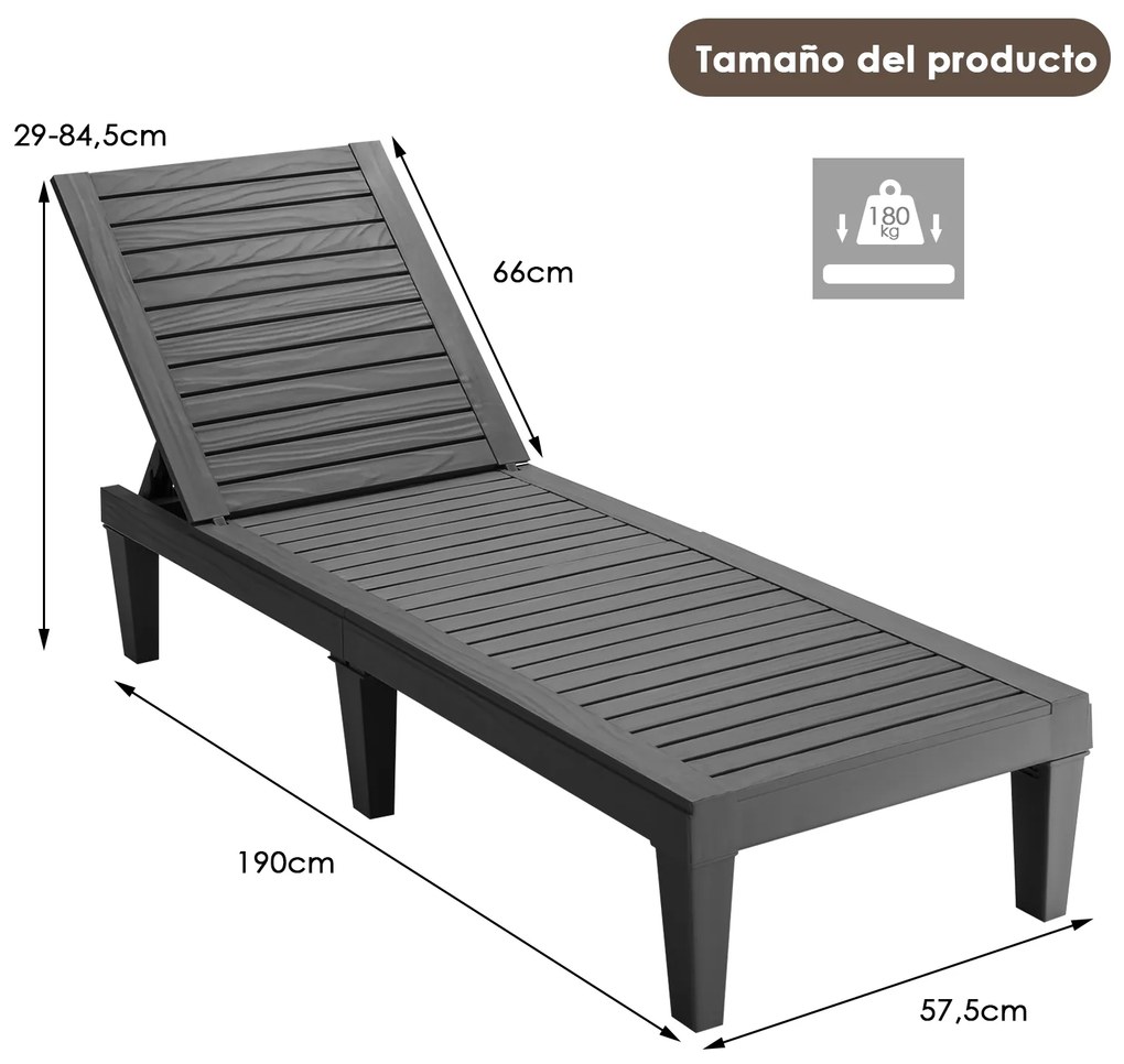 Espreguiçadeira de jardim para exterior com encosto ajustável em 5 posições para varanda Praia Piscina 190 x 57,5 x 29 cm Preta