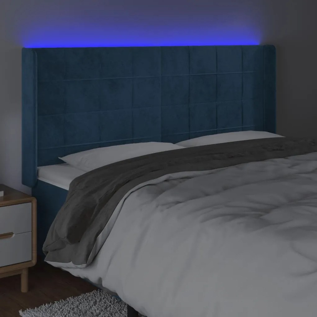 Cabeceira cama c/ luzes LED veludo 203x16x118/128cm azul-escuro