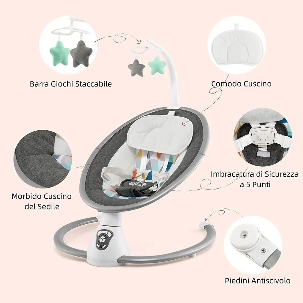 Balanço elétrico para bebê com 5 níveis de balanço 65,5 x 71,5 x 76 cm rosa