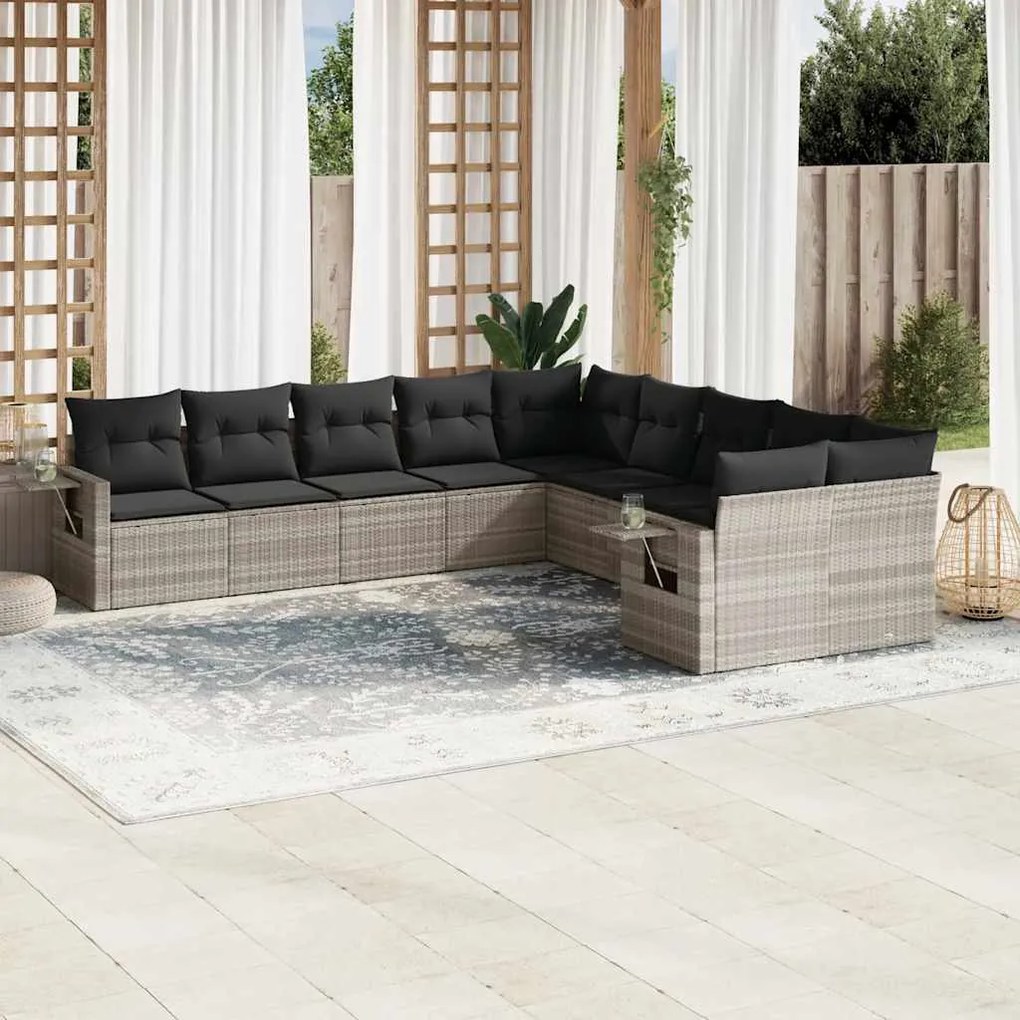 vidaXL 10 pcs conj. sofás jardim com almofadões vime PE cinzento-claro