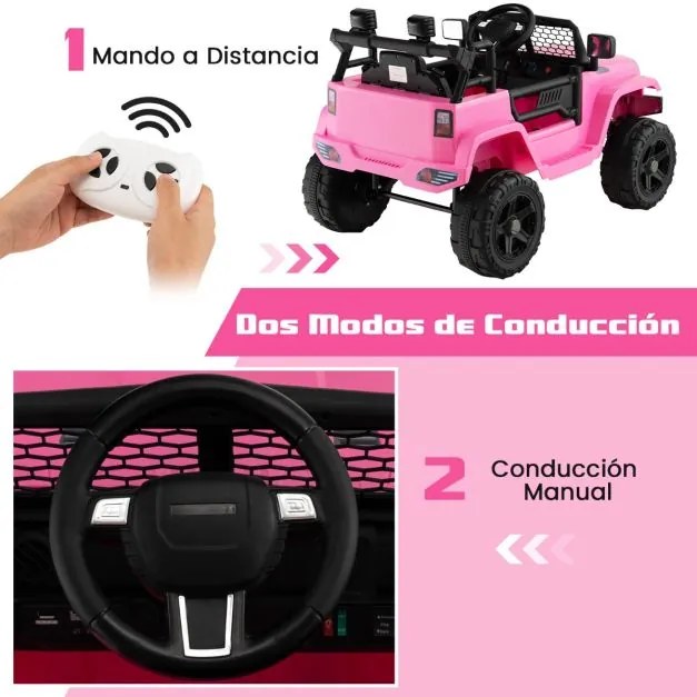 Carro elétrico para crianças com bateria de 12 V Controlo remoto Assento com mola Suspensão USB e porta auxiliar Rosa