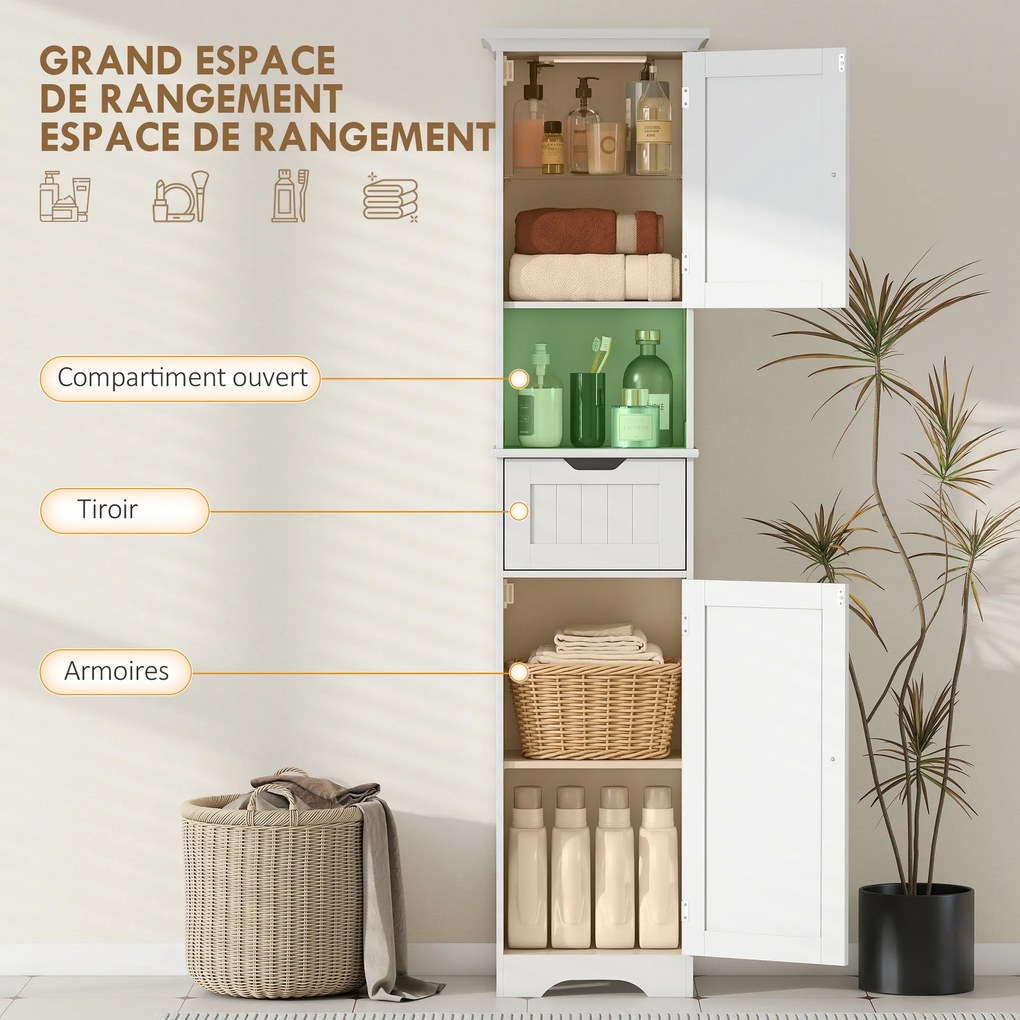 Armário de coluna para casa de banho 40 x 30 x 170 cm com iluminação LED, armário estreito, gaveta, 2 portas, branco