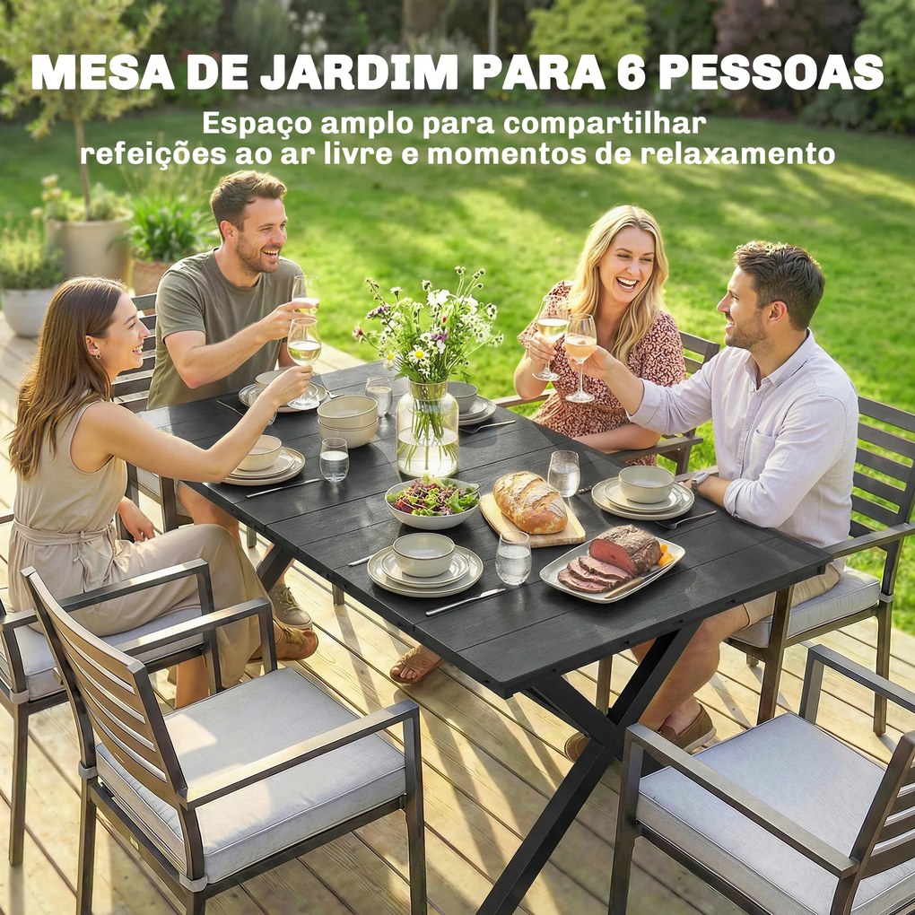 Mesa de Jantar Retangular para Jardim para 6 Pessoas (CADEIRAS NÃO INCLUIDAS) com Tampo de HDPE Efeito Ripas e Estrutura Metálica 150x90x74 cm Preto
