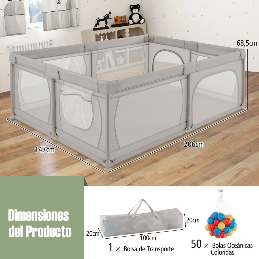 Parque para bebés 206 x 147 x 68,5 cm com rede respirável, bolsa de transporte, 50 bolas oceânicas e porta com fecho de correr  – Cinza claro