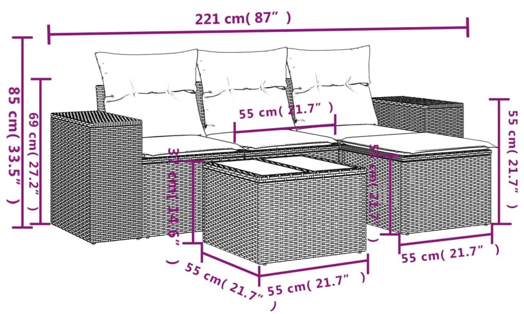 5 pcs conjunto sofás de jardim com almofadões vime PE preto