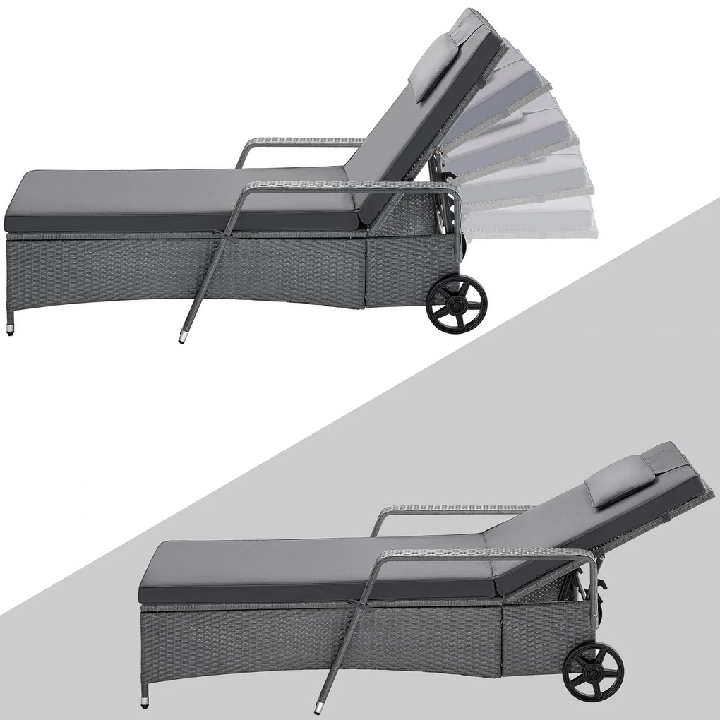 Espreguiçadeira de jardim 193x90x43cm rodas e almofadas cinzenta antracite