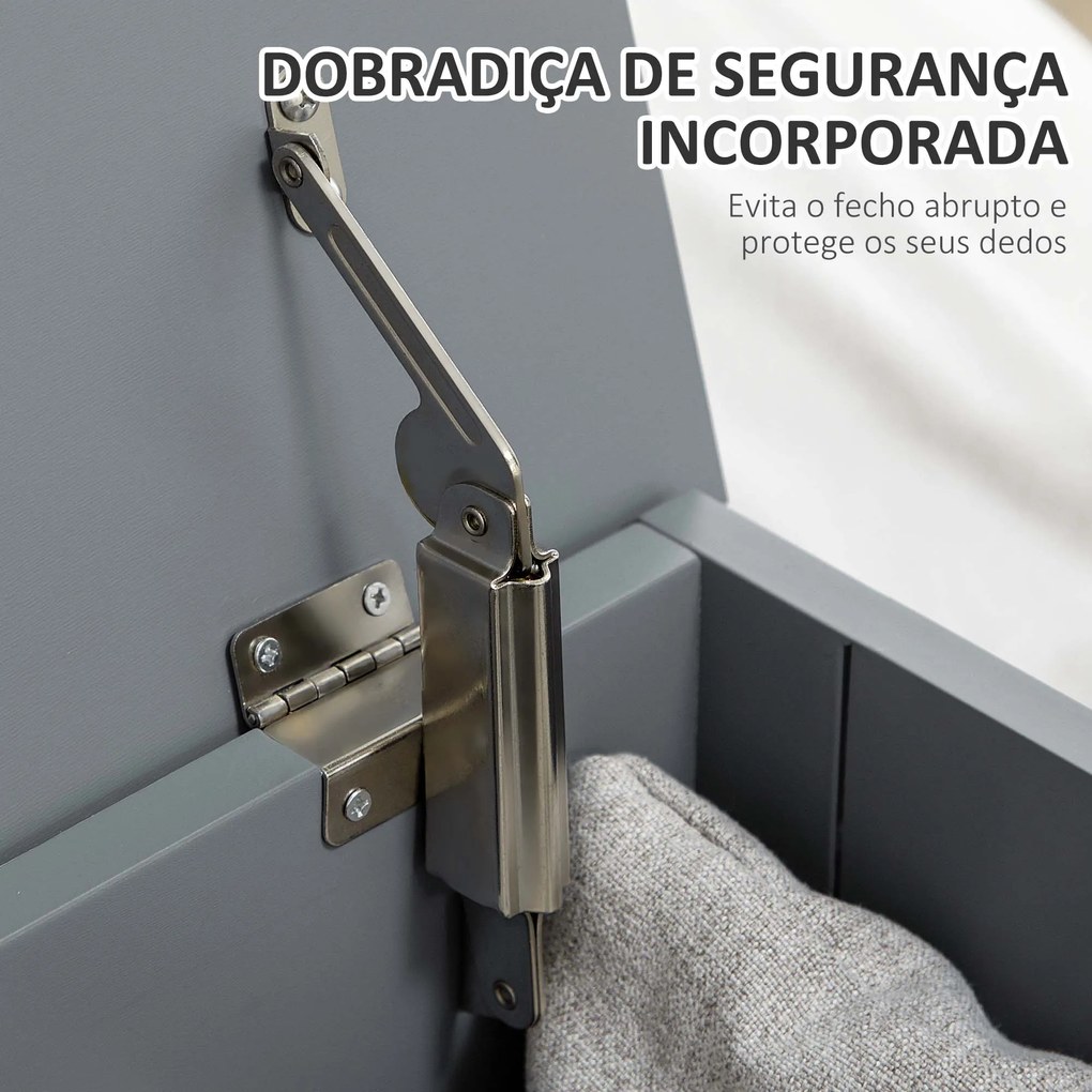 Baú de Armazenamento de Madeira Baú de Arrumação com Dobradiça de Segurança Carga Máxima 20 kg 81x40x46 cm Cinza