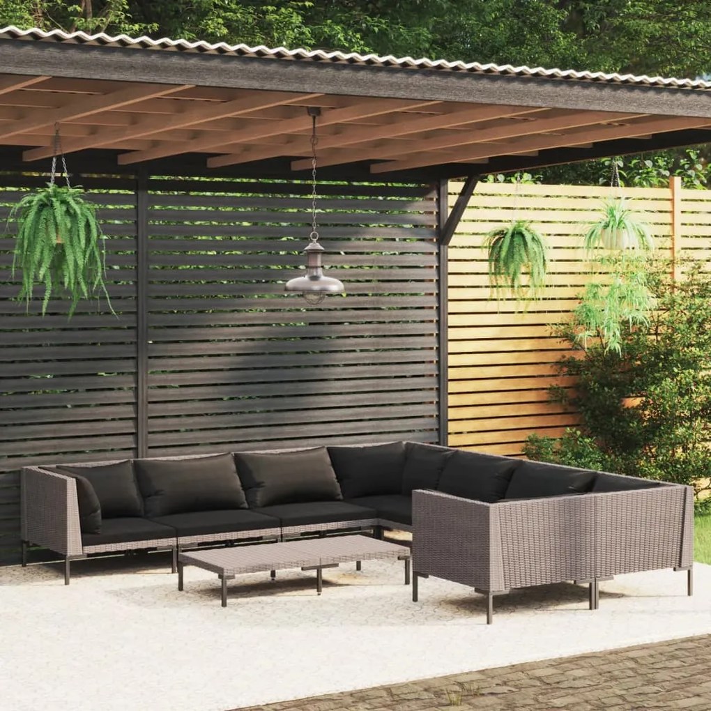 vidaXL 9 pcs conj. lounge jardim c/ almofadões vime PE cinzento-escuro