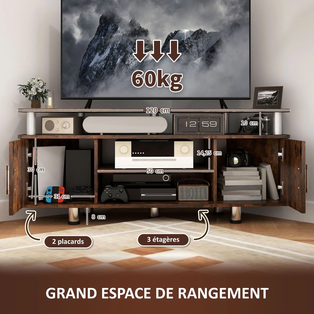 Móvel de TV 120 x 39,5 x 52 cm para televisores até 55 polegadas, com prateleira ampla, armários com portas e compartimento aberto, castanho