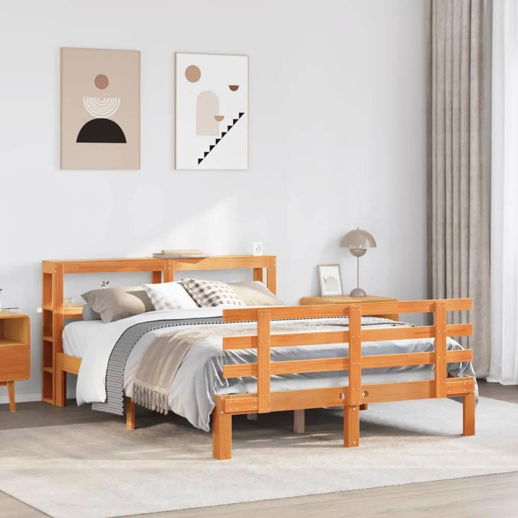 Estrutura cama c/ cabeceira 140x200cm pinho maciço castanho-mel