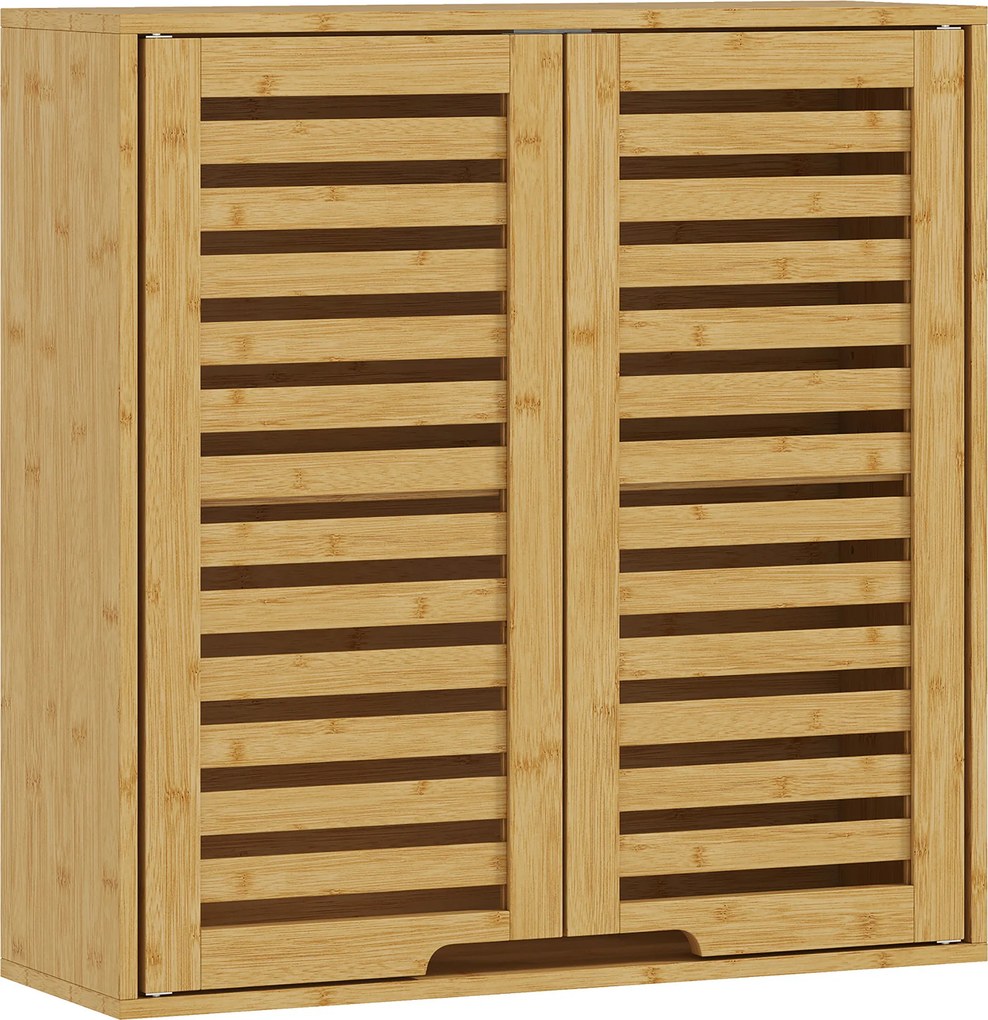 HOMCOM Armário de Parede de Bambu Móvel de Casa de Banho Suspenso com Prateleira Ajustável Portas de Ripas 60x20x60 cm Madeira | Aosom Portugal