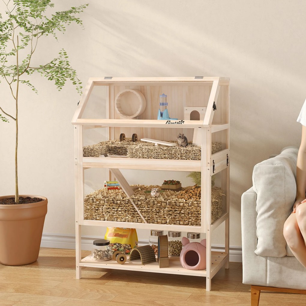 Gaiola para hamster, habitat para roedores de 3 andares com painel acrílico e roda, 80 x 53 x 117 cm, com efeito de madeira natural