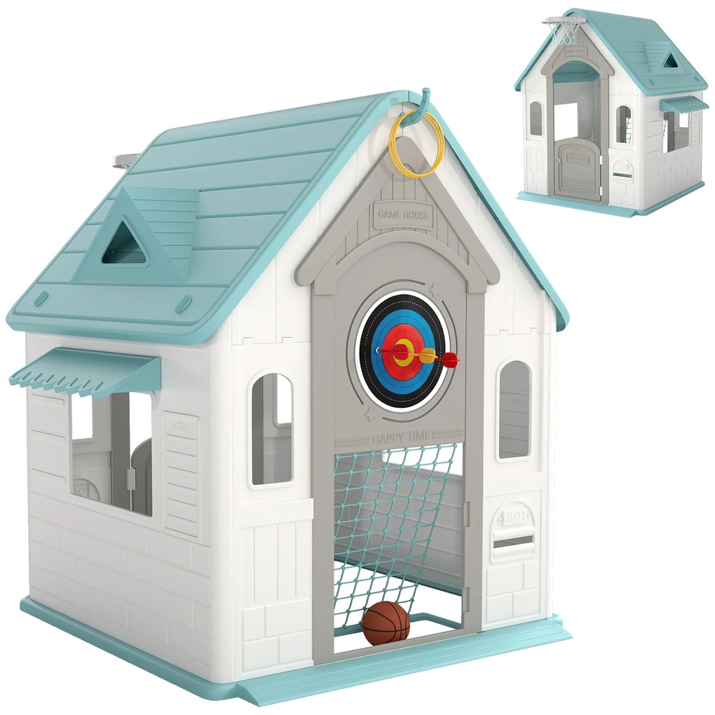 Casa de Brincar para Crianças 5 em 1 Casa de Jardim com Lançamento de Anéis Basquetebol Futebol Dardos 132x118x124 cm Bege, verde, cinzento
