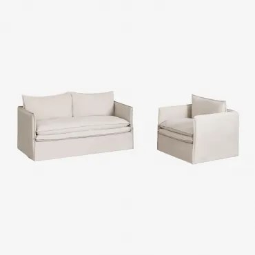 Conjunto De Sala De Estar Com Sofá De 2 Lugares E Poltrona Em Linho E Algodão Grace Tecido Beige - Sklum