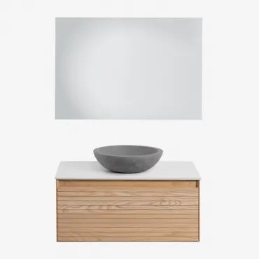 Conjunto De Móvel De Casa De Banho Suspenso Em Madeira De Freixo Tedrik Castanho Fresno & Cimento Cinzento Redondo Ø40 Cm Tarsis & Led - Sklum