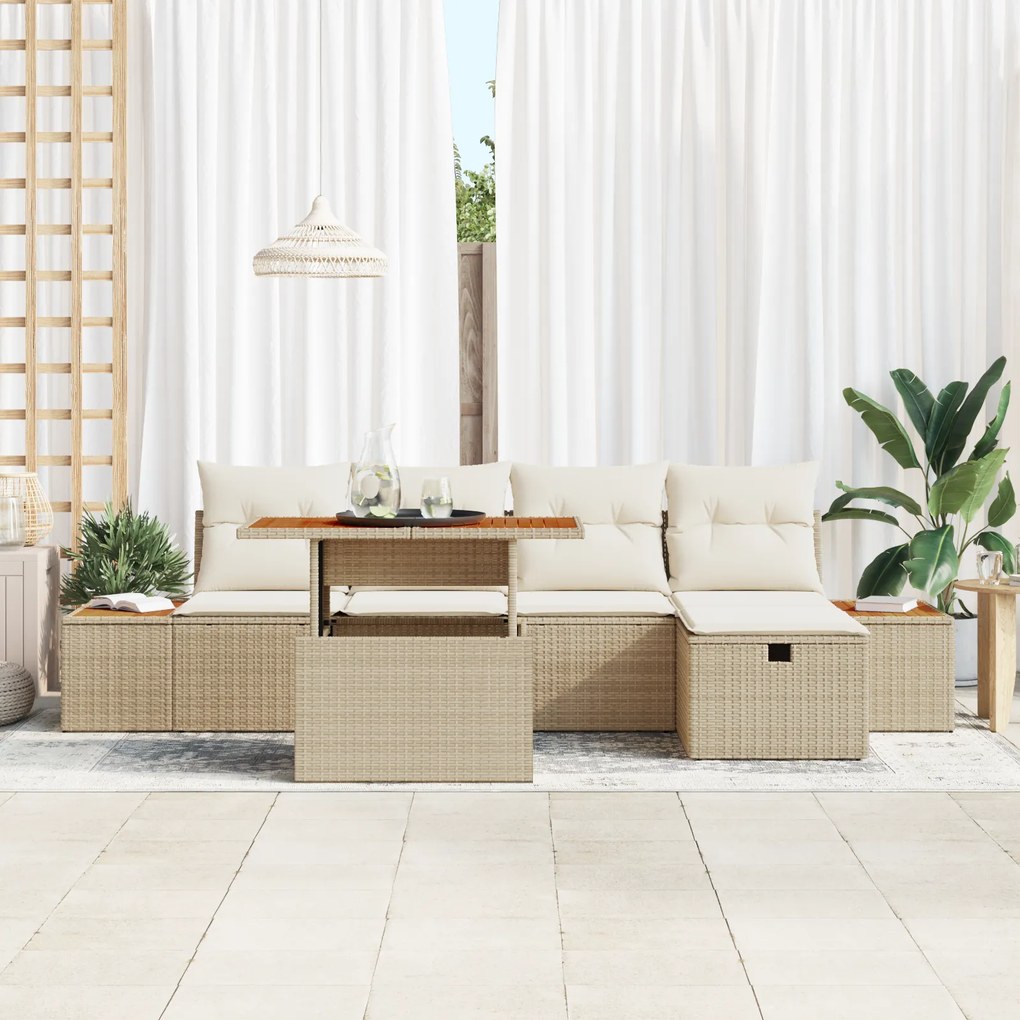 Conjunto de Sofá de Jardim 6 Peças com Almofadas Bege Rattan Sintético