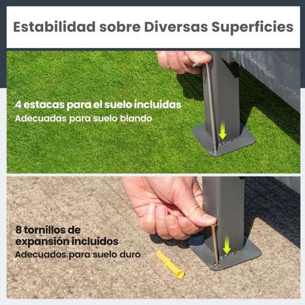 Conjunto de Tenda bar para jardim 245 x 245 x 243 cm com 3 peças com 2 bancos de bar Mesa de bar em vidro temperado Estante de armazenamento Cinza