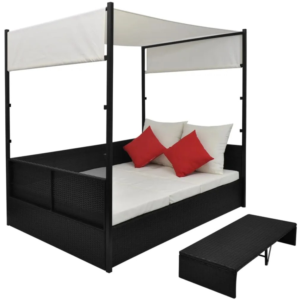 Espreguiçadeira de jardim com toldo 190x130 cm vime PE preto