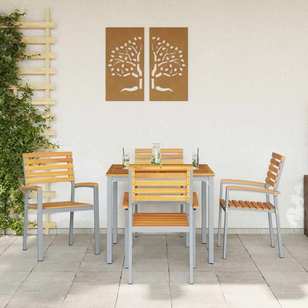 Cadeiras de Jardim 4 pcs Cinza em Madeira Sólida de Acácia e Aço