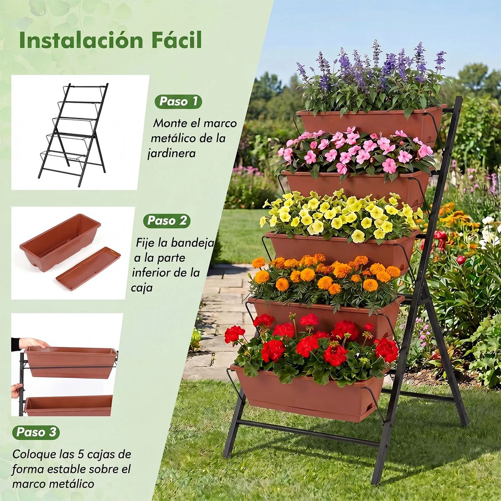 Floreira vertical de 5 níveis 57 x 71 x 115 cm com estrutura metálica, tabuleiros removíveis e orifícios de drenagem, para interior e exterior, , Cast