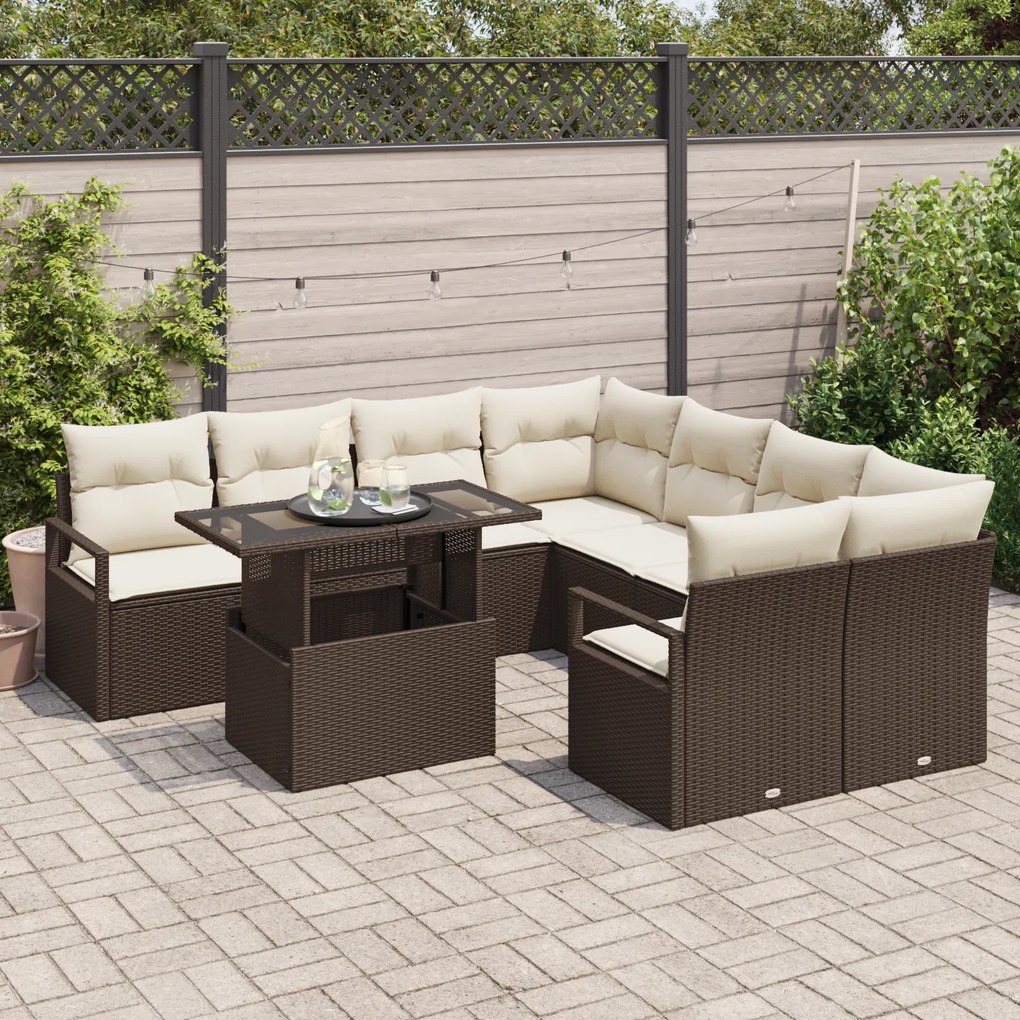 Conjunto de Sofá de Jardim vidaXL de 9 Peças com Almofadas em Rattan C