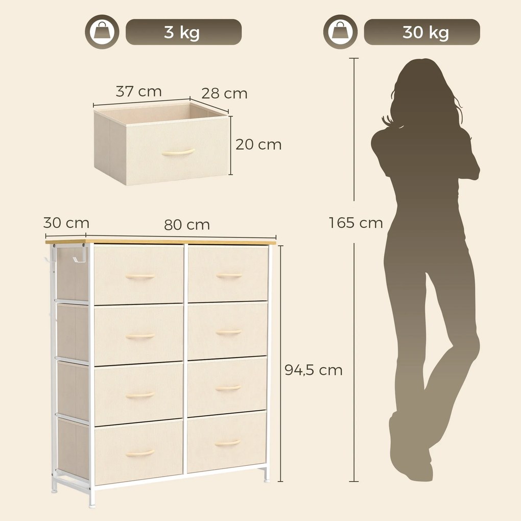 Movel gavetas 80L x 30P x 94.5A cm com 8 Gavetas em Tecido, Estrutura em Aço, Bege