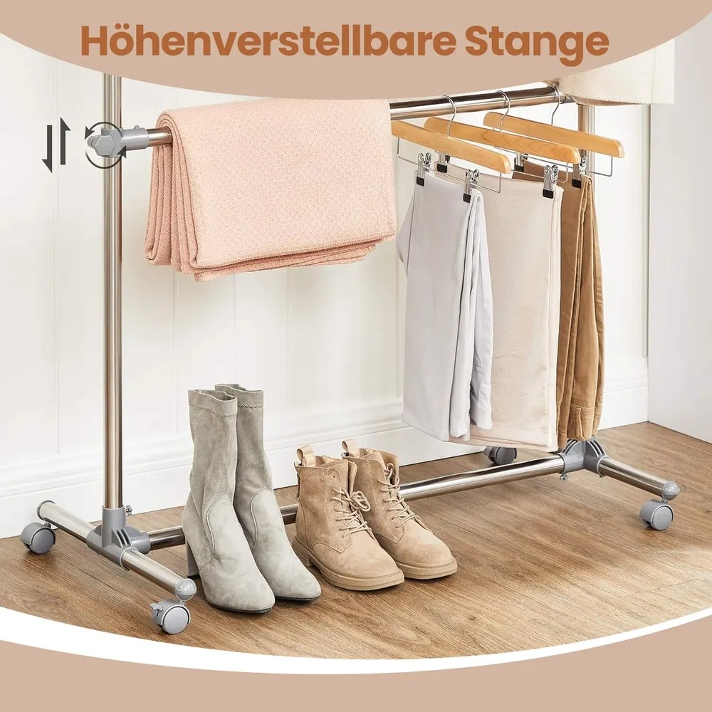 Guarda roupa aberto com rodas Ajustável em altura de 113 a 198 cm, aço inoxidável, cinza prateado