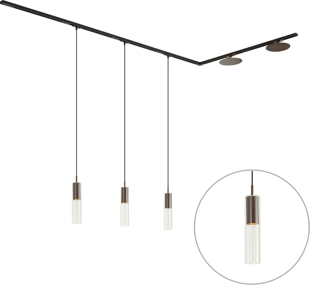 Sistema de calhas de iluminação moderno preto com 3 candeeiros suspensos e 2 candeeiros de teto bronze monofásico - Iconic Lloyd Pulley