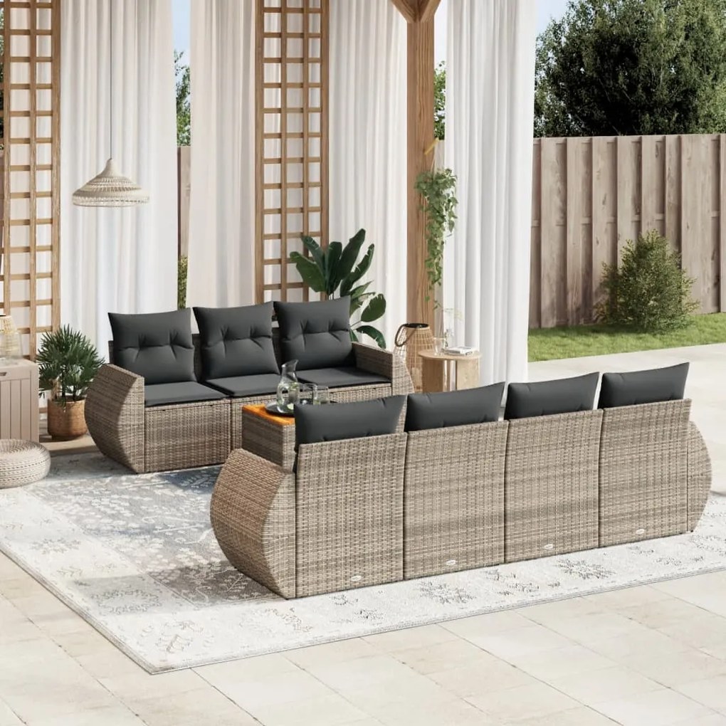 8 pcs conjunto sofás de jardim c/ almofadões vime PE cinzento