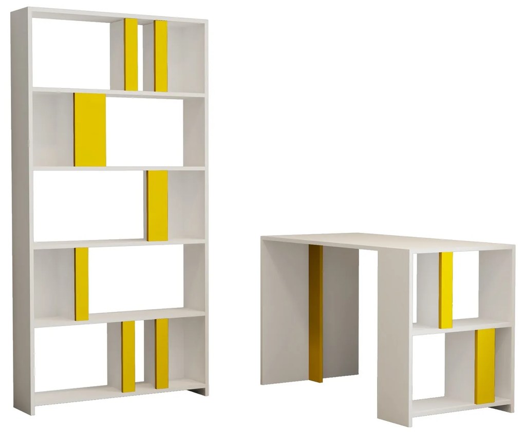 Secretária e Estante Lima – Branco e Amarelo – Secretária: 120x75,4x60