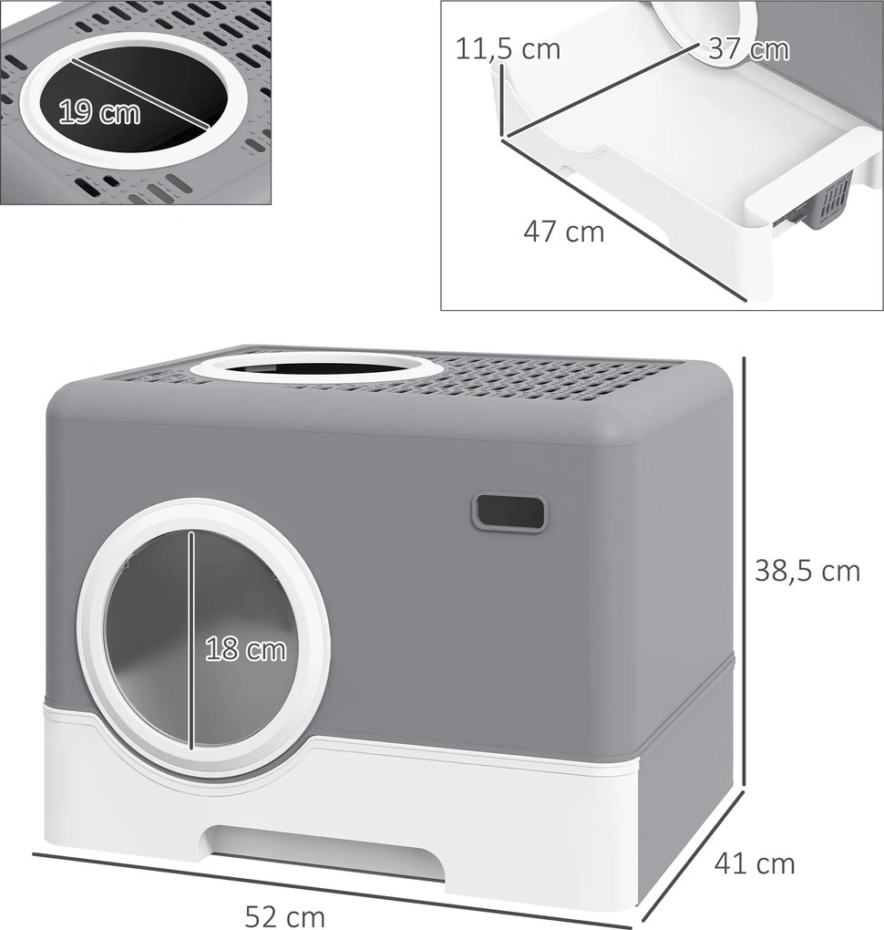 Caixa de Areia para Gatos com Pá Bandeja Removível 2 Portas Entrada Frontal e Saída Superior 52x41x38,5 cm Cinzento