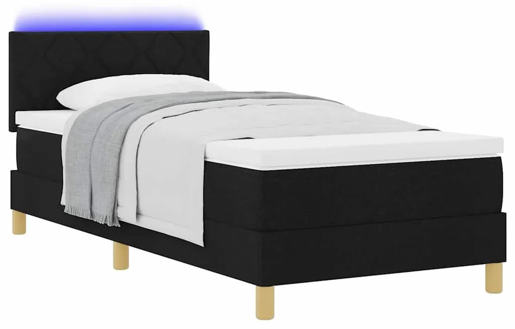 Cama Box com Colchão &amp; LED Preta 90x200 cm Tecido