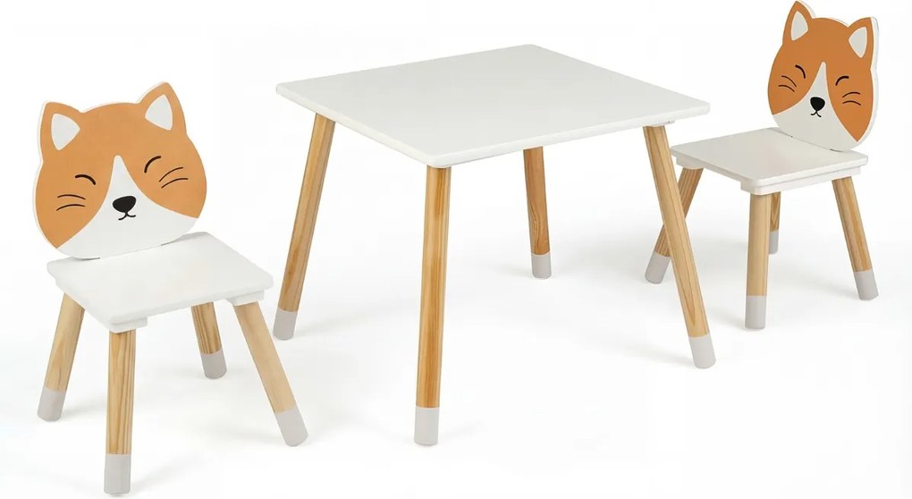 Conjunto de mesa e 2 cadeiras infantis de madeira multiusos para trabalhos manuais, leitura, aprendizagem e refeições Branco + Natural