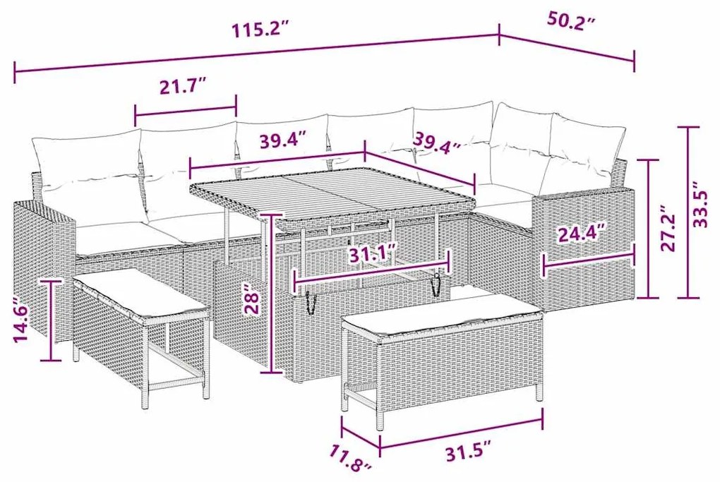 Sofá de Jardim com 9 Peças e Almofadas Pretas em Rattan Sintético e Ac