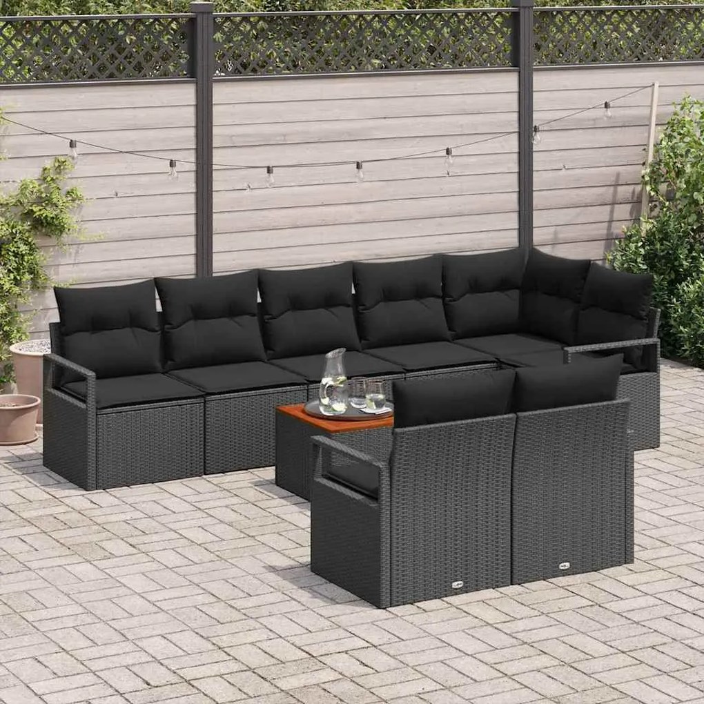 Conjunto de Sofá de Jardim de 9 Peças com Almofadas Pretas em Poli Rat