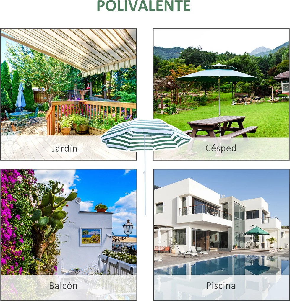 Chapéu de Sol de Praia Ø180cm com Teto Inclinável e Mastro de Metal Proteção Solar para Jardim Terraço Exterior Listras Verdes e Branco