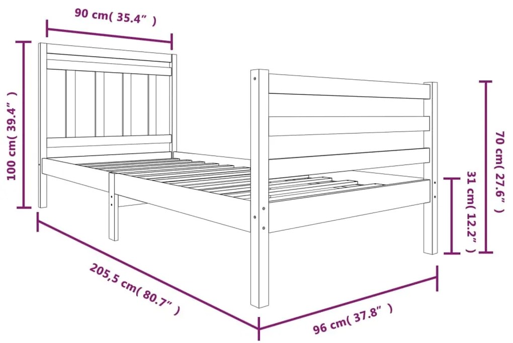 Estrutura cama de solteiro 90x200 cm madeira maciça preto